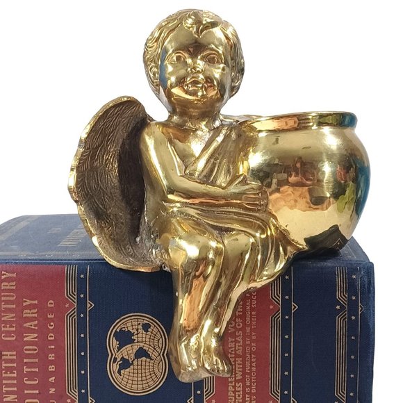 Brass Cherub Angel Putti Mid Century Shelf Sitting Sitter Planter Vase Vintage